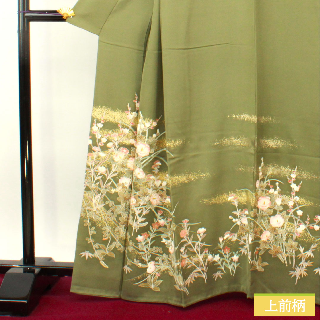 訪問着 正絹 袷 身丈164.5cm 裄丈65.5cm 山鳩色（やまばといろ） 京友禅 草花模様 Sランク 緑系 1112004722419