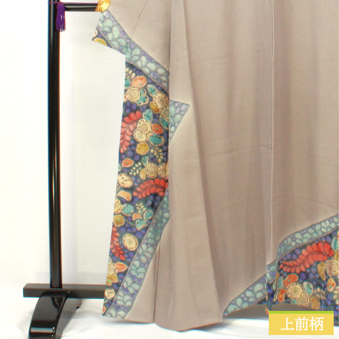 Homongi (formal kimono) made of pure silk, lined, length 159.5cm, sleeve length 64.5cm, purple-gray, Tsujigahana pattern, gold thread, A-rank, gray, 1112005063322