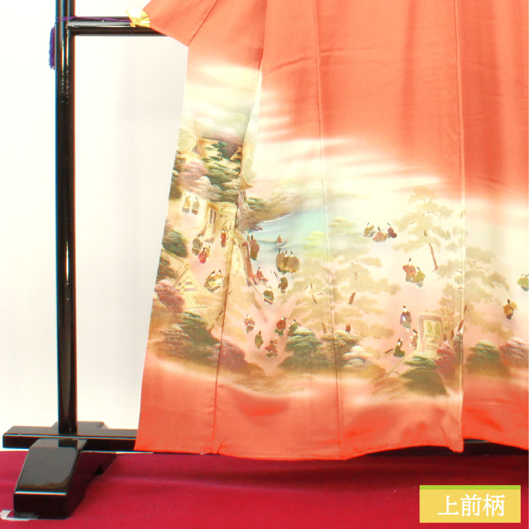 Colored Tomesode, pure silk, length 159.5cm, sleeve length 63cm, lined, red-orange, Kyoto Yuzen, historical figures and landscapes, one crest, sword and katabami, S rank, orange, 1111001422326