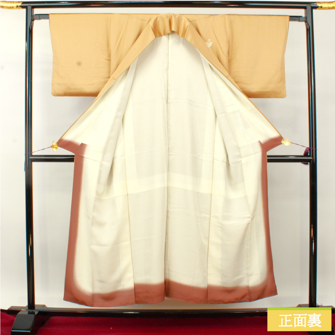 Homongi, pure silk, lined, length 150.5cm, sleeve length 62cm, pale withered leaf color, embroidered fan surface, floral pattern, S rank, brown, 1112004682114