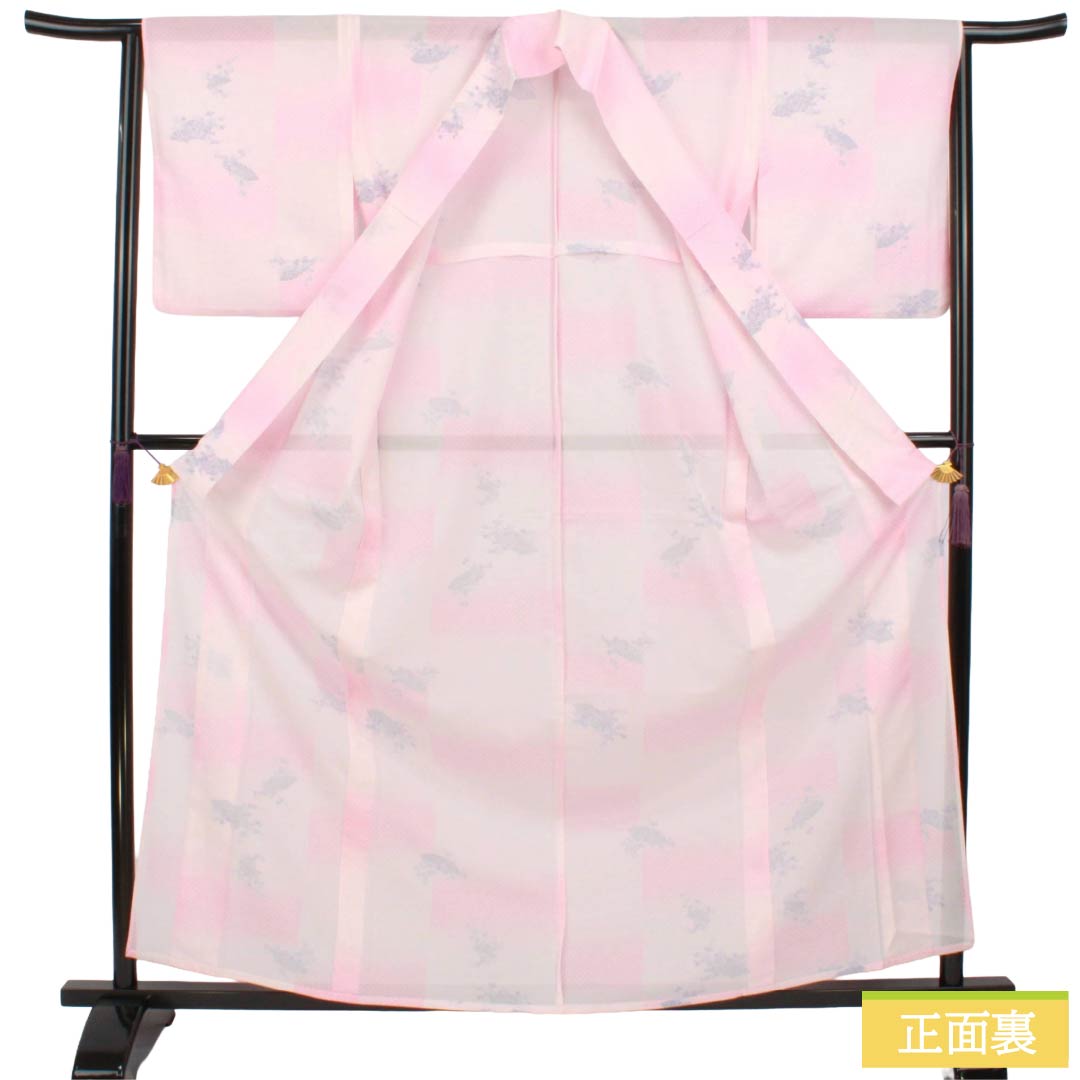 Summer Polyester Kimono, Komon, S Rank, Length 162.5cm, Sleeve to Shoulder 64.5cm, Asabeni-iro (pale red), Ichimatsu Check and Classic Patterns, Washable Kimono, Ro (gauze-weave), Pink Tones, 1132003272413
