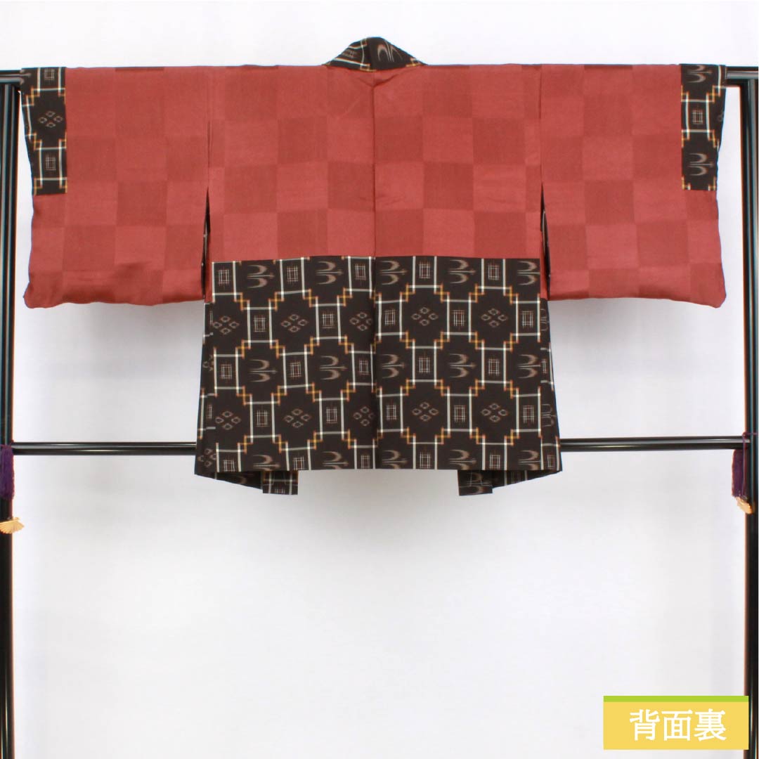 Haori (Japanese traditional kimono jacket) - Polyester, S-rank, Length 73cm, Sleeve Length 62cm, Chestnut-colored, Ryukyu pattern, Tsumugi fabric, Lined, Brown, 1117001292914