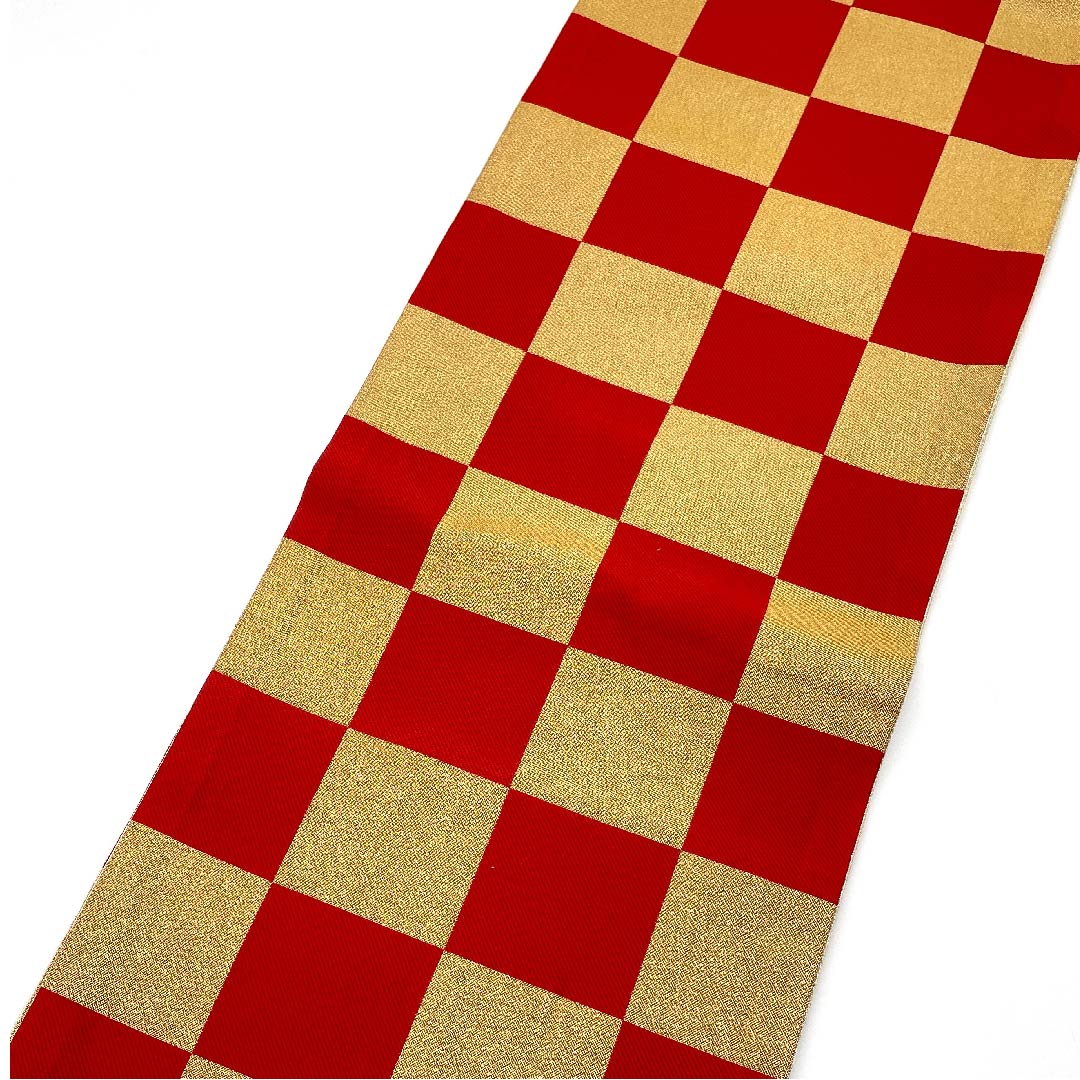 Gold-colored Fukuro Obi for Furisode, Checkered, Length 440cm, Pure Silk, S-Rank, Six-way, Formal, Gold-based, 1123006222321