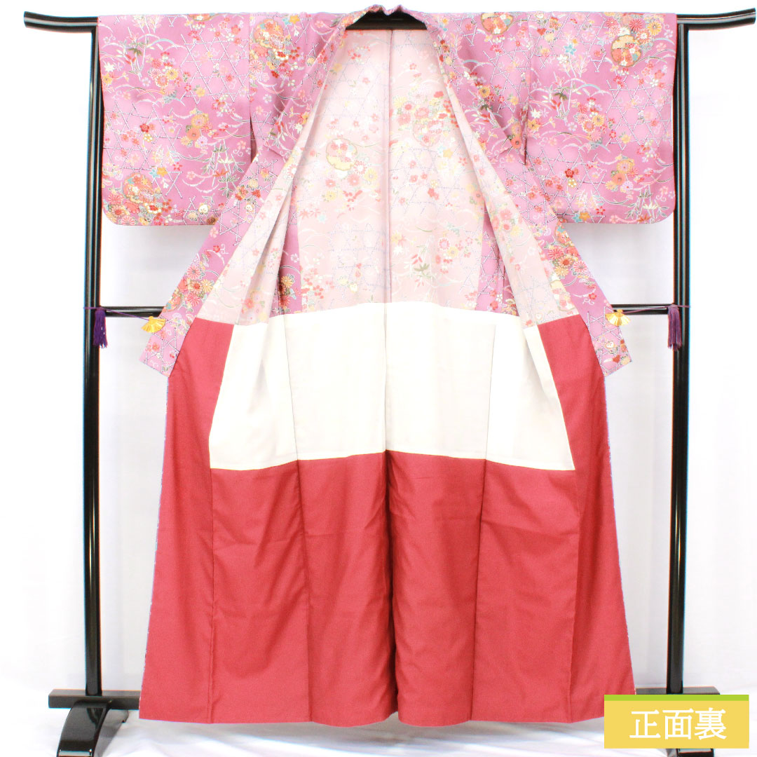 Small pattern, polyester, length 169.5cm, sleeve length 64.5cm, lined, Kyoto wisteria color, washable kimono, floral pattern, A rank, purple, 1115004623520