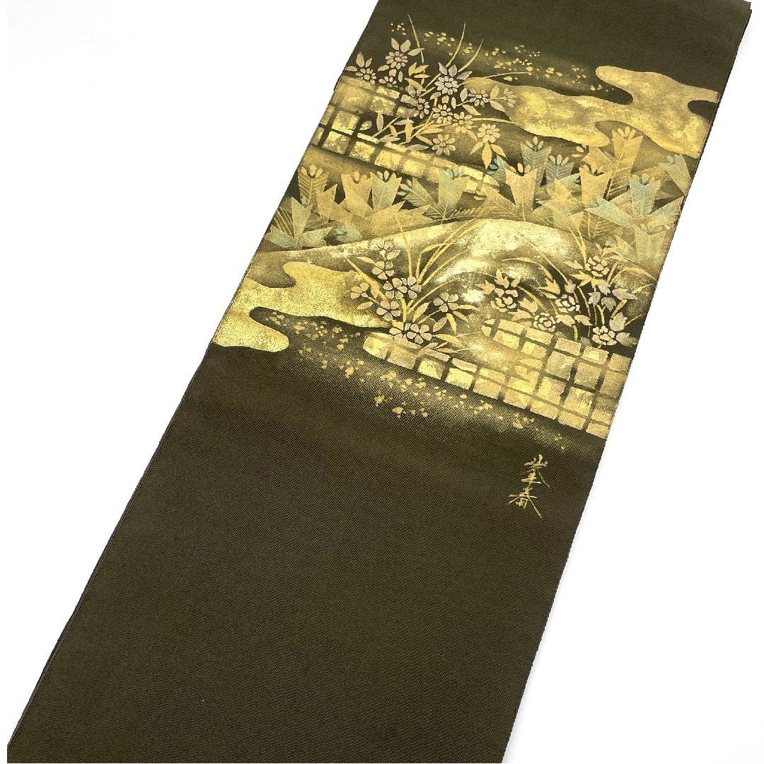 Nagoya obi, black oak color, floral pattern, artist's work, obi length 366cm, pure silk, A rank, point pattern, semi-formal, green, 1124003813319, open style