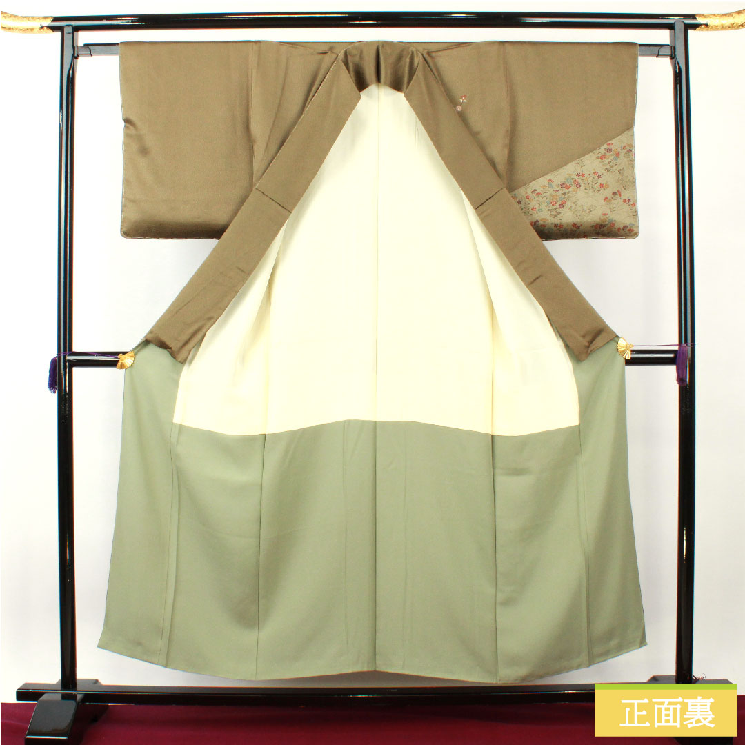 Homongi, pure silk, lined, length 154cm, sleeve length 63cm, kobi chairo (light brown), floral pattern, with basting thread, A rank, green, 1112004523219