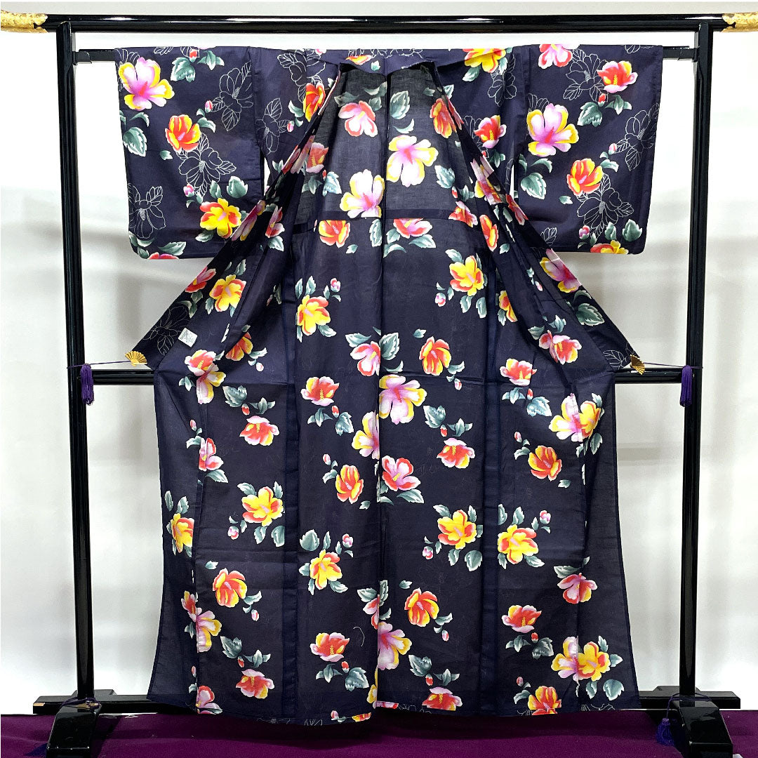 Yukata, purple, floral pattern, cotton, S rank, single layer, length 162.5cm, sleeve length 64.5cm, purple, 1118002352420