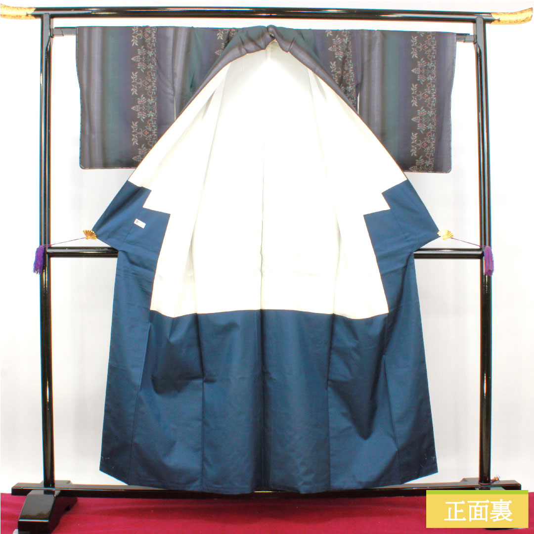 紬 正絹 身丈156cm 裄丈64.5cm 大島紬 経緯絣 縞 草花模様 Sランク 袷 茶系 1116003462314