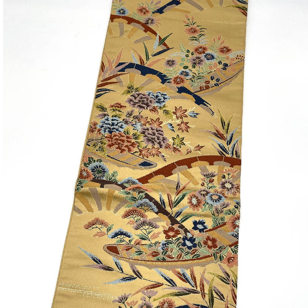 袋帯 山吹鼠色（やまぶきねずいろ） 白綾苑大庭 花柄 帯丈428cm 正絹 Sランク 六通 フォーマル 茶系 1123009472314
