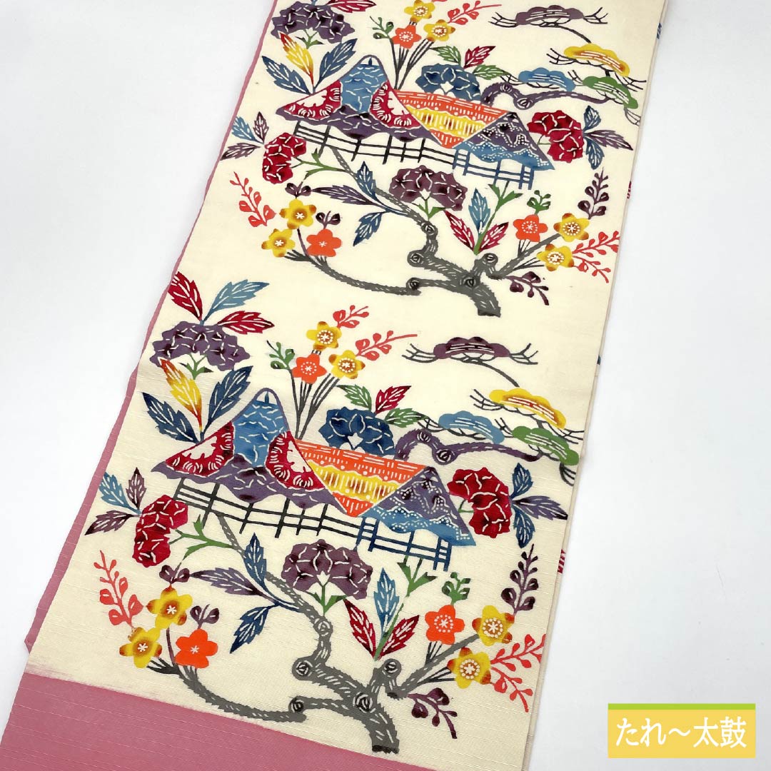 Nagoya obi, medium crimson flower color, Kyoto Bingata, pongee fabric, Bingata-style pattern, obi length 359cm, pure silk, A rank, six-pass, casual, cream color, 1124007333315, Nagoya style