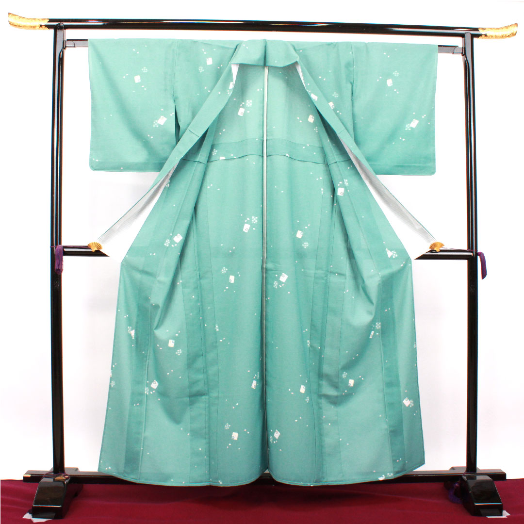 Summer kimono, polyester, small pattern, length 158.5cm, sleeve length 62cm, flower green-blue color, washable kimono, cherry blossom petals, silk, S rank, green, 1132001692319