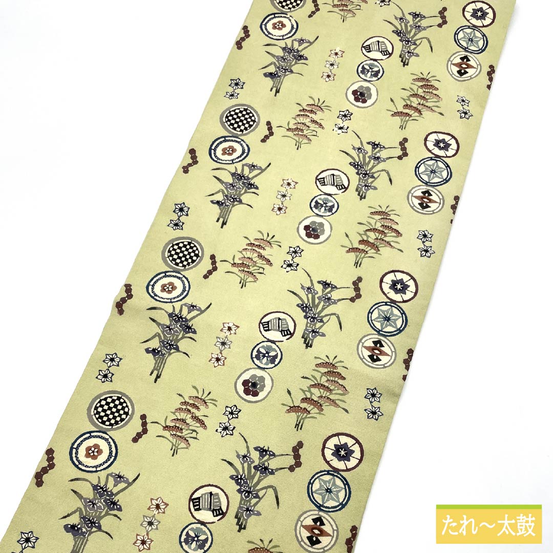 名古屋帯 硫黄色（いおういろ） 京紅型 丸紋 松 帯丈341cm 正絹 Aランク 六通 カジュアル 緑系 1124007593319 名古屋仕立て