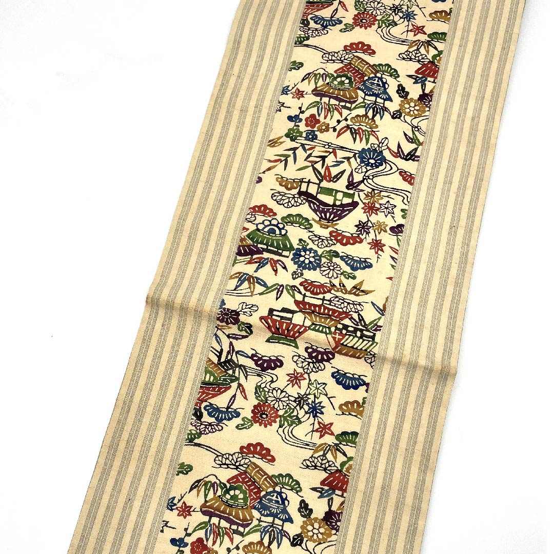 名古屋帯 東京白茶色 茶屋辻 帯丈368cm 正絹  六通 カジュアル ベージュ系 1124004044325  名古屋仕立て