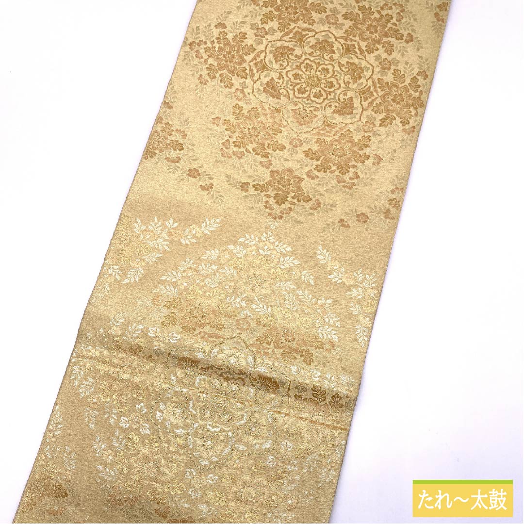 Fukuro Obi, pure silk, for Tomesode, Hosohana, floral pattern, obi length 436cm, S rank, six-pass, formal, gold, 1123013742321