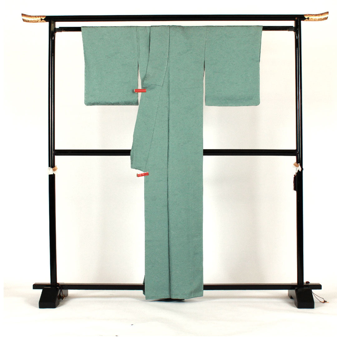 Plain color, Kotobukiori, Temple scenery pattern, Sword and katabami, Length 162cm, Sleeve length 64cm, Lined, Pure silk, S rank, Blue, 1114000302317