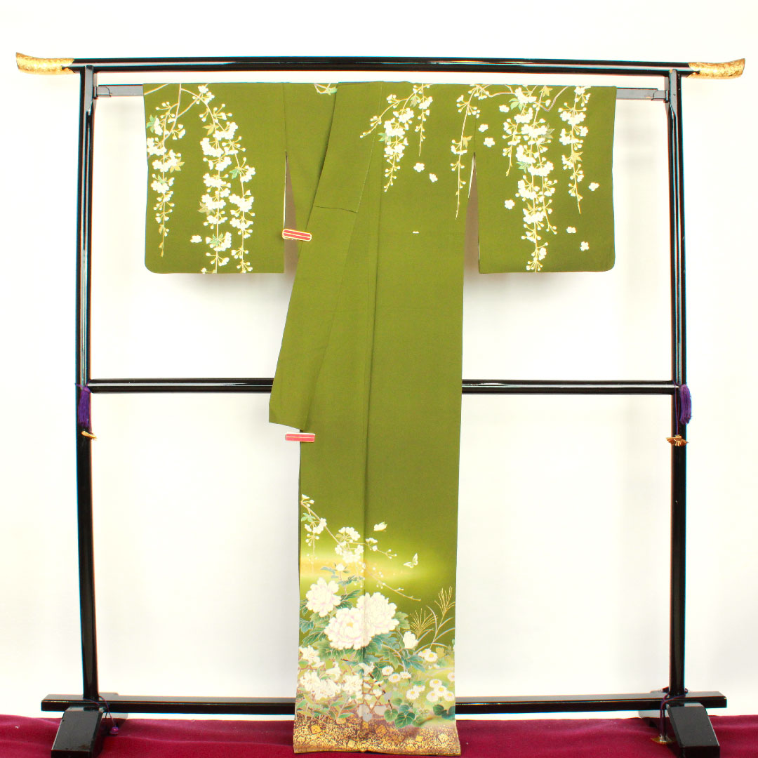 訪問着 袷 身丈169cm 裄丈68cm 柳煤竹色 京友禅 草花模様 正絹 Sランク 緑系 1112001832519