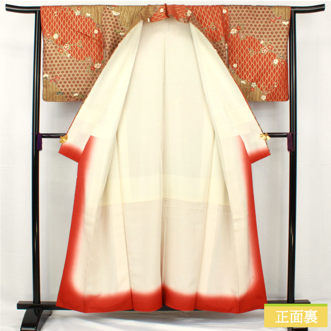 Homongi, pure silk, lined, length 157cm, sleeve length 63.5cm, Kyoto Yuzen, pine, bamboo and plum, S rank, brown, 1112005482314