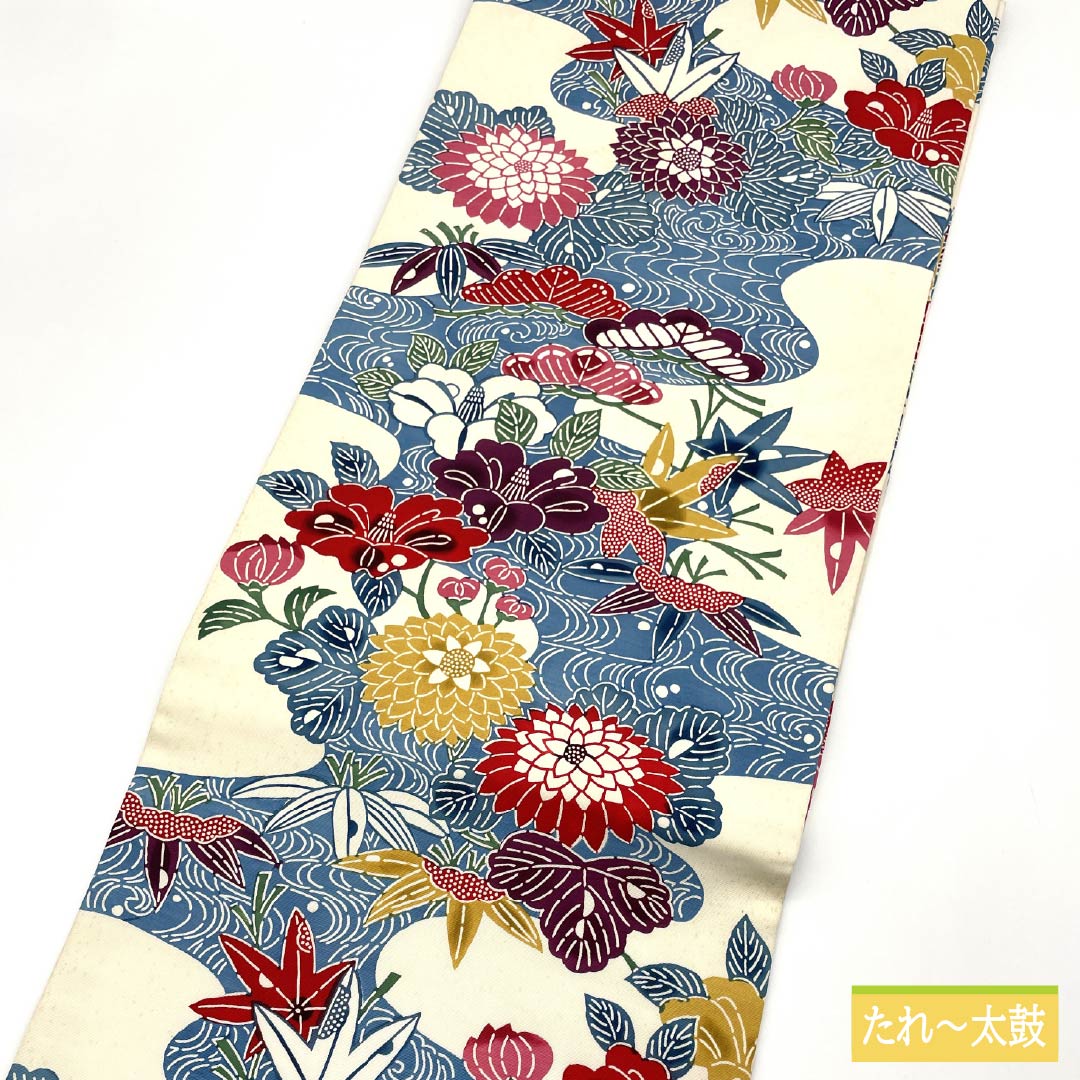 Nagoya obi, Kyoto Bingata, flowing water, camellia, autumn leaves, obi length 336cm, pure silk, B rank, full length, casual, white, 1124007344311, Nagoya style