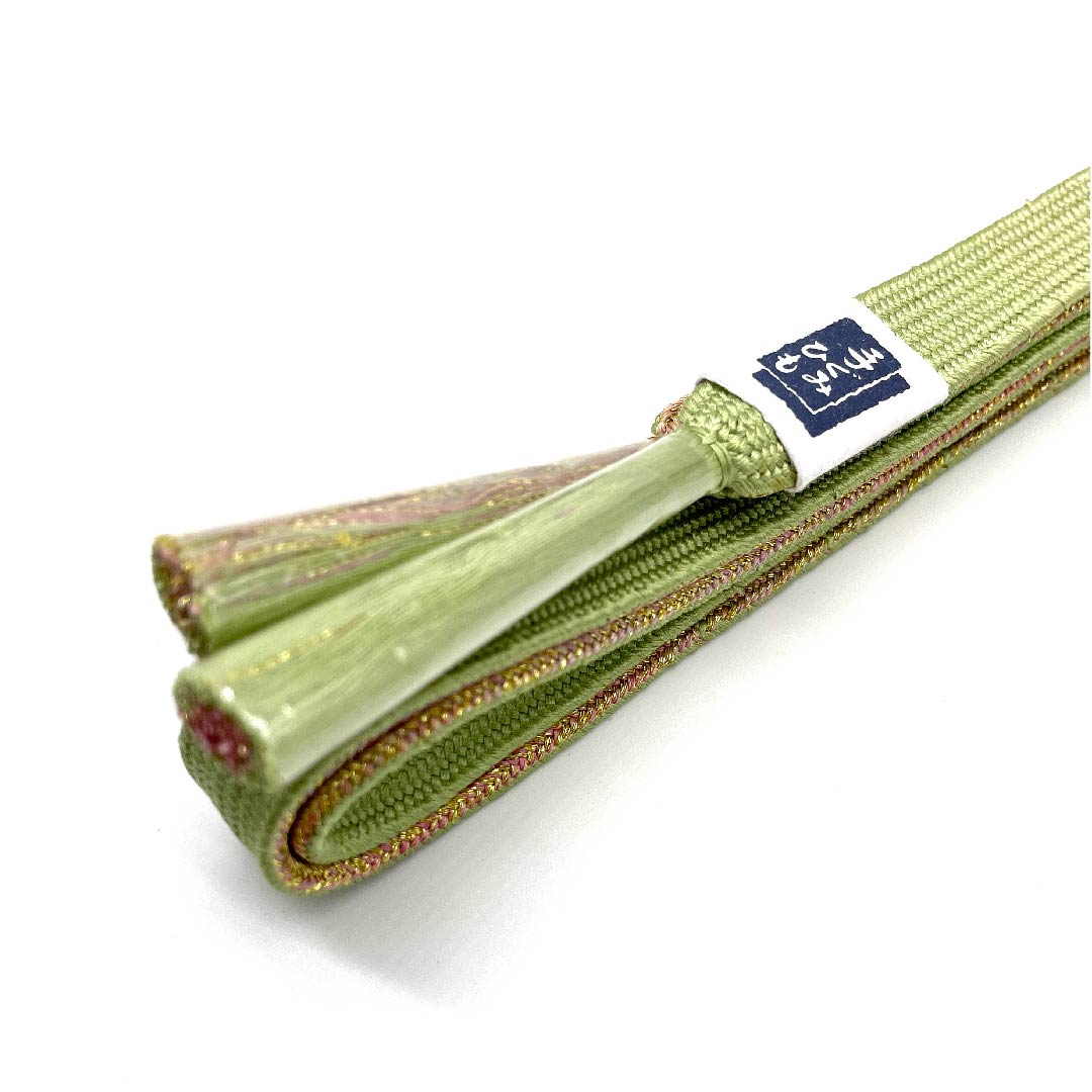 (New old stock) Obijime (belt tying) Pure silk, quarter-length string, light indigo blue, hand-woven string, scales, metal thread used, length approx. 162cm, width approx. 1.5cm, semi-formal, S rank, green, 1135002842319