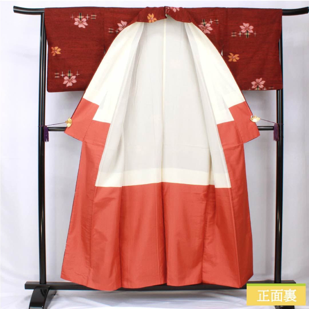 Tsumugi silk S rank, length 156cm, sleeve length 65cm, copper-red (shakudo-iro) flower pattern, kasuri, lined, brown, product number 1116003952314