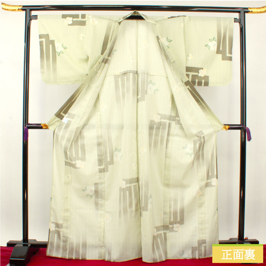 Summer kimono, polyester, small pattern, length 169cm, sleeve length 68cm, light green, washable kimono, plum, camellia, gauze, S rank, green 1132001872519