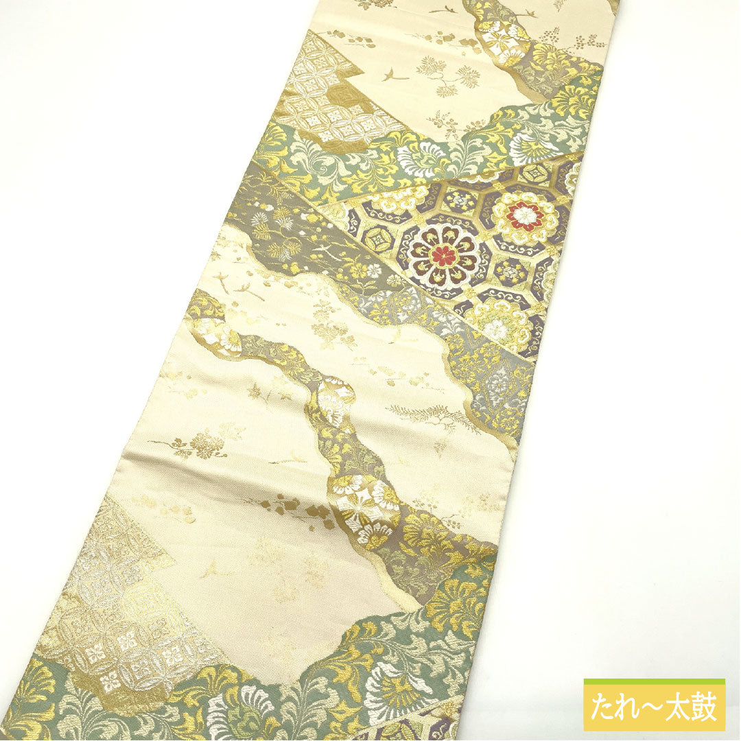 Fukuro Obi (sash), pure silk, B-grade, milky white, Nishijin-ori (fine weave), auspicious motifs, length 448cm, six-pass, formal, cream-colored, product number 1123016094315