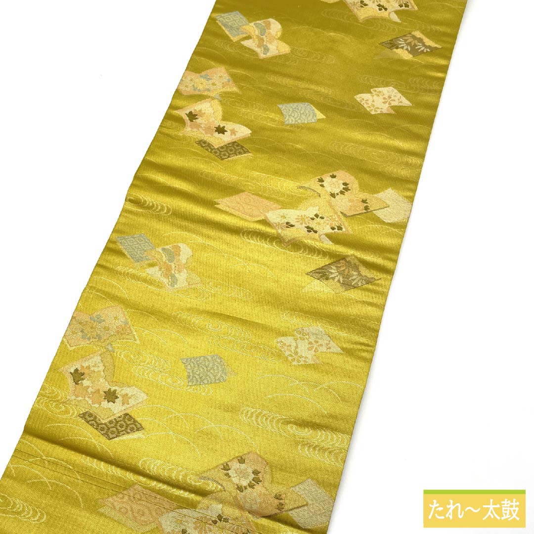 Nagoya Obi, Pure Silk, S-Rank, Gold (Kanairo), Japanese Pattern, Kanze Stream, Bamboo, Length 345cm, Six-Ply, Semi-Formal, Gold, Item No. 1124009612321, Nagoya Style