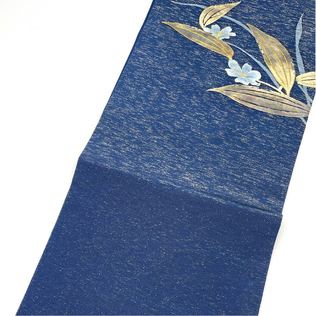 Nagoya obi, navy blue, floral pattern, embroidery, obi length 387.5cm, pure silk, A rank, point pattern, semi-formal, blue, 1124003203317, Nagoya style