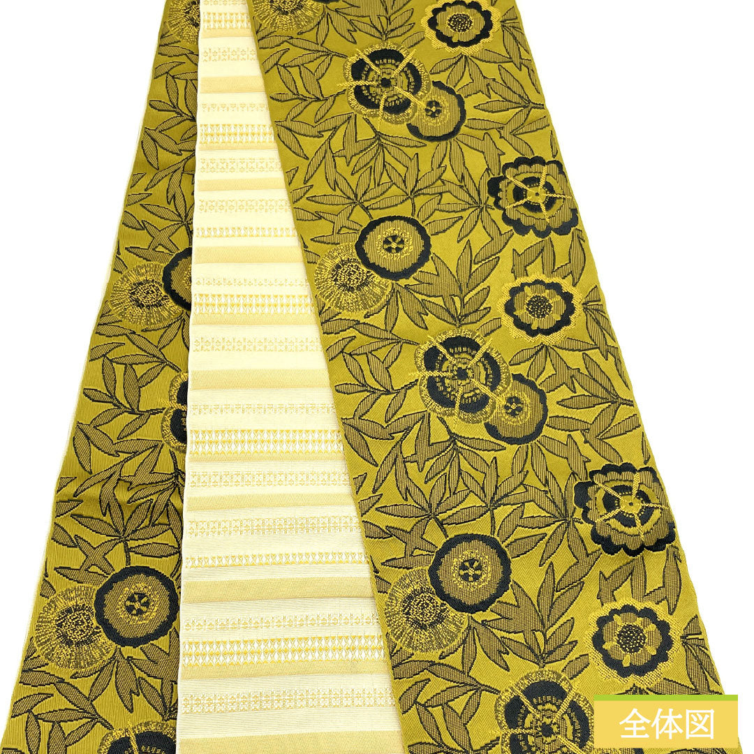 (New) Half-width obi, polyester, NEW rank, rapeseed oil color, Tokyo shirocha color, floral pattern, horizontal stripes, reversible, obi length 400cm, green tone, 1125002531419