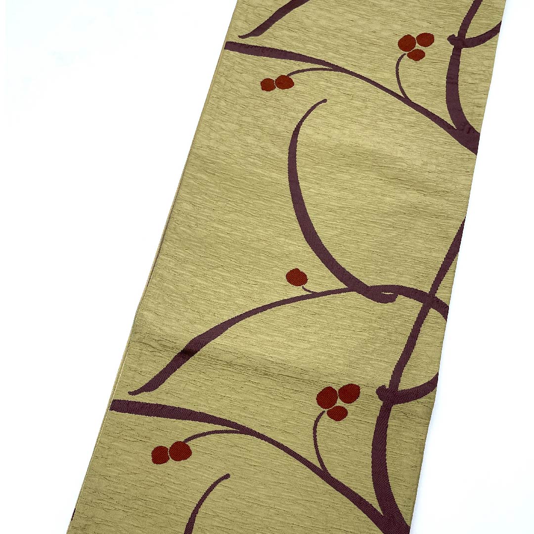 [Unfinished] Fukuro-Obi, Silk, NEW Rank, Kare-iro (brownish yellow), Berries, Abstract Pattern, Obi Length 457cm, Rokutsu, Casual, Beige Tones, 1123008461425