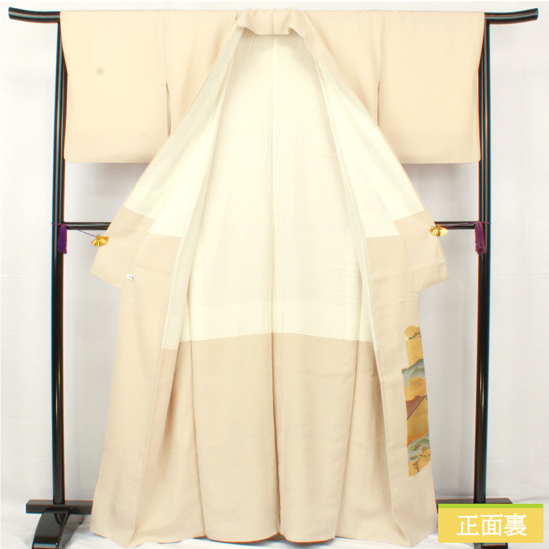 Colored Tomesode, pure silk, length 163cm, sleeve length 64cm, lined, white neri-iro (white paste color), Kyoto Yuzen embroidery, historical figures and landscape pattern, one crest, three oak leaves, pearl tone finish, A rank, beige, 1111001493425