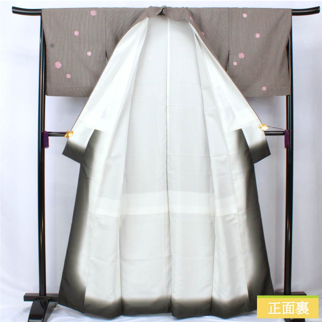 Komon (small pattern) kimono, polyester, length 163.5cm, sleeve length 65.5cm, lined, black-gray (kuronezui) with stripes and floral print, washable, rank A, black, product number 1115006023410