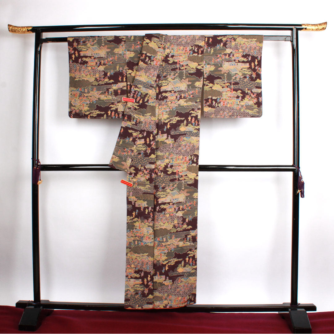 小紋 身丈153.5cm 裄丈65cm 袷  紫烏色 時代人物風景模様  正絹 Sランク 紫系 1115002322220