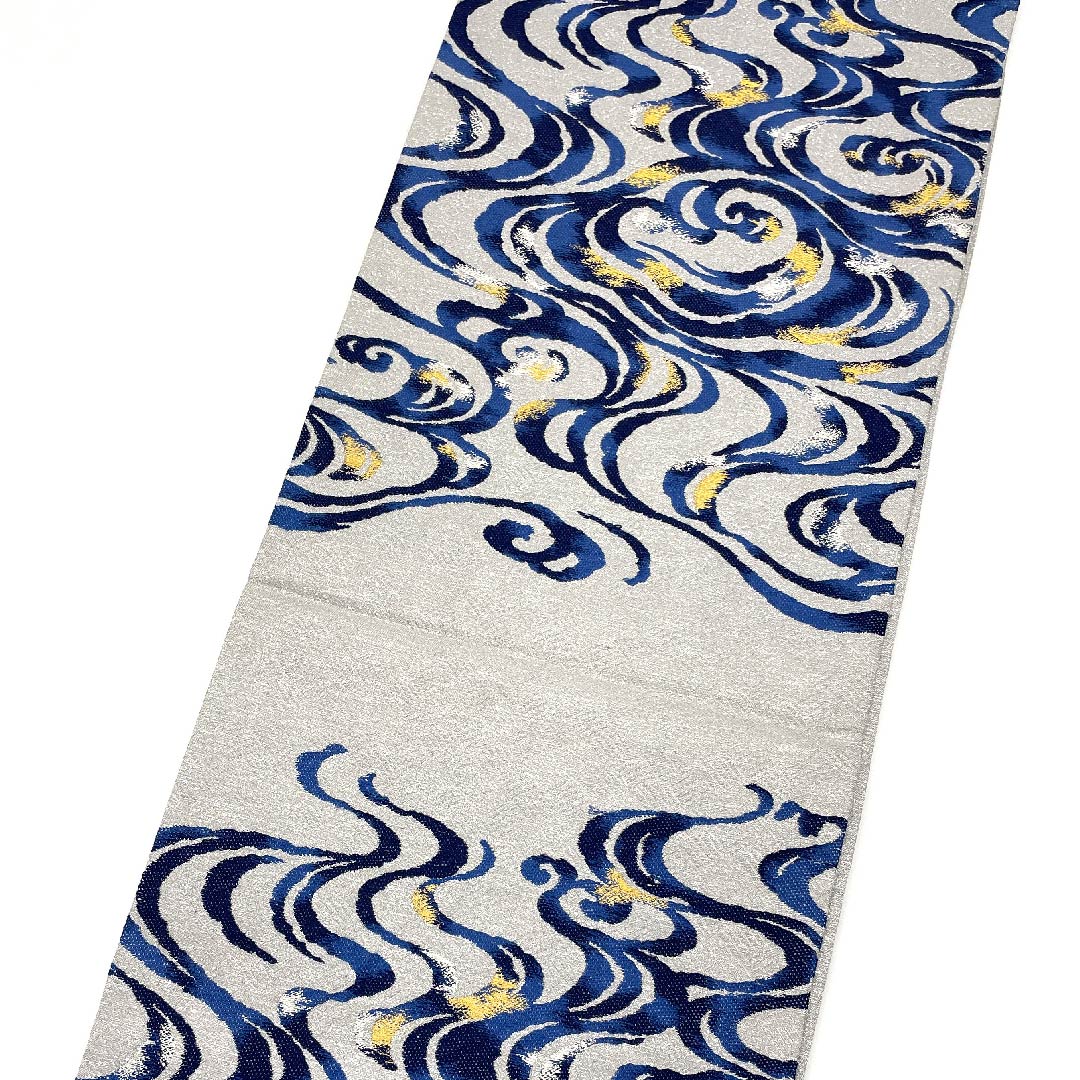 Fukuro obi (light grey) with silver thread, natural ash fermentation, indigo dyeing, abstract pattern, obi length 436cm, pure silk, A rank, six-pass, formal, grey, 1123007533322