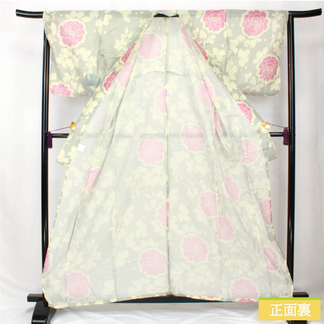 (Brand new, unused) Yukata (casual kimono) made of polyester, length 162.5cm, sleeve length 66.5cm, new rank, single layer, grayish-gray, light ink color (usuzumiiro), floral print, buttons, product number 1118005701422