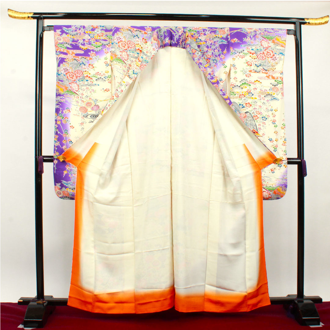 振袖 身丈162cm 裄丈65cm 袷  京紅型 松竹梅 菊 風景模様  正絹 Sランク 白系 1113001632411
