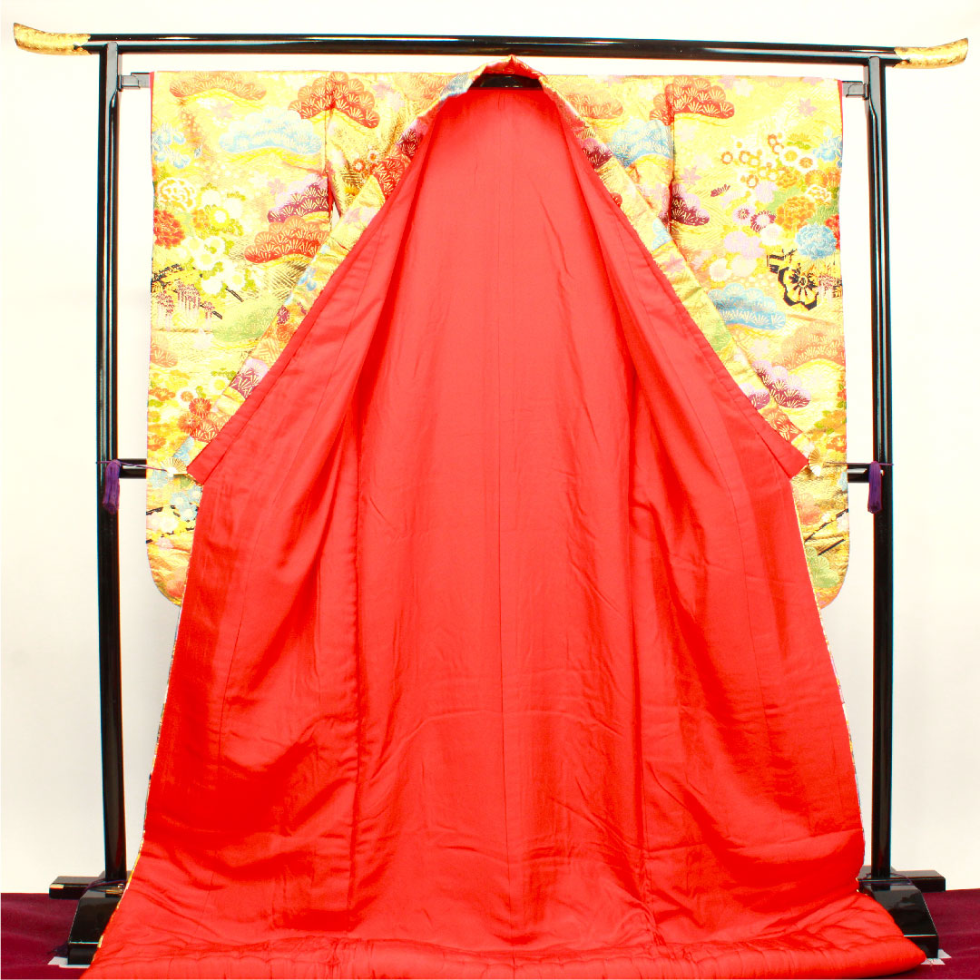 色打掛 身丈195cm  唐織 松 菊 花車 正絹 Sランク 袷 朱系 1110000412916