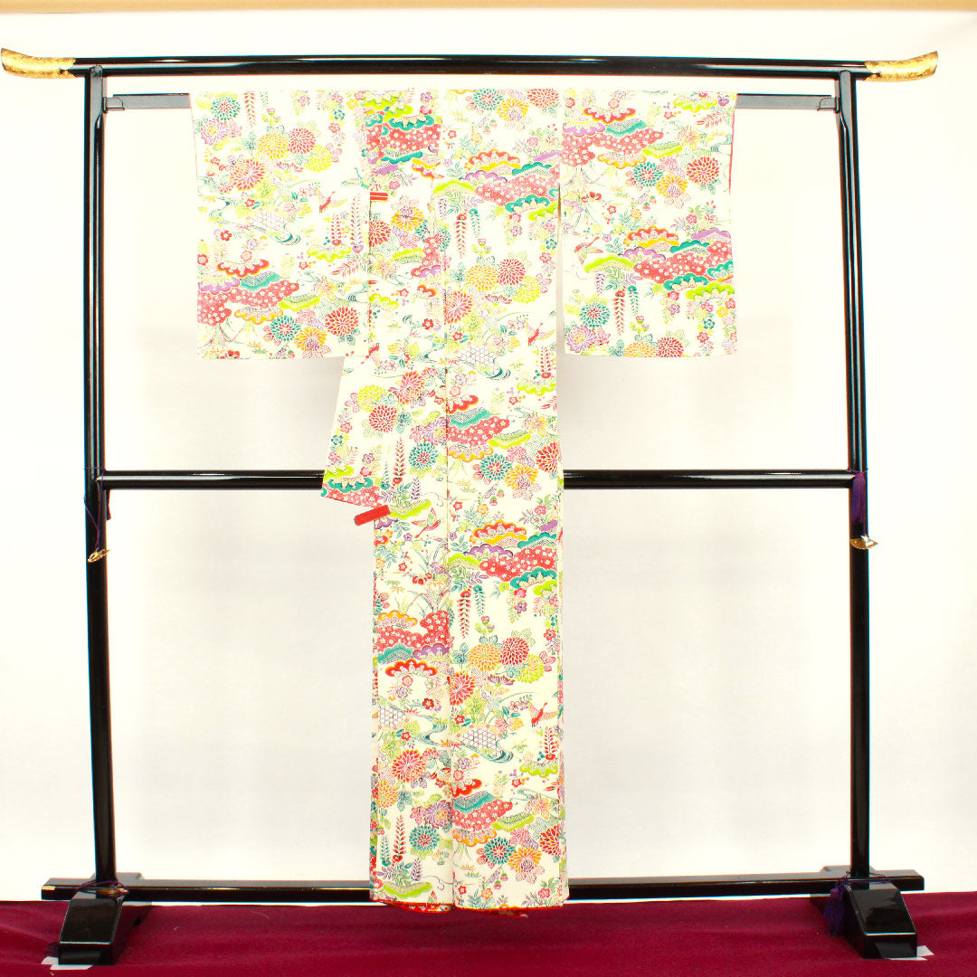 小紋 身丈156cm 裄丈62cm 袷  乳白色 型染 草花模様  正絹 Aランク 白系 1115002853311