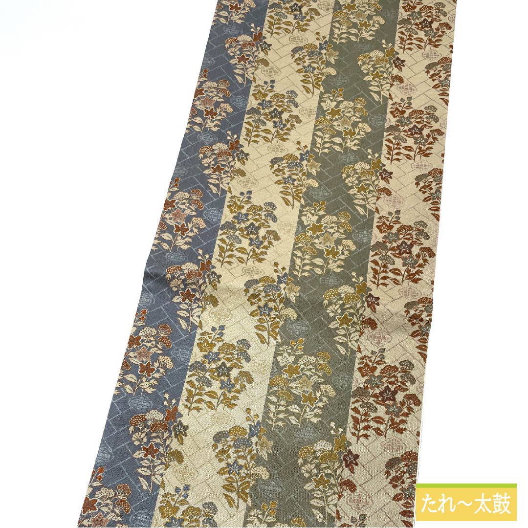 袋帯 正絹 蕎麦切色（そばきりいろ） 花模様 檜垣 京袋帯 帯丈372cm Sランク 全通 カジュアル ベージュ系 1123012792325
