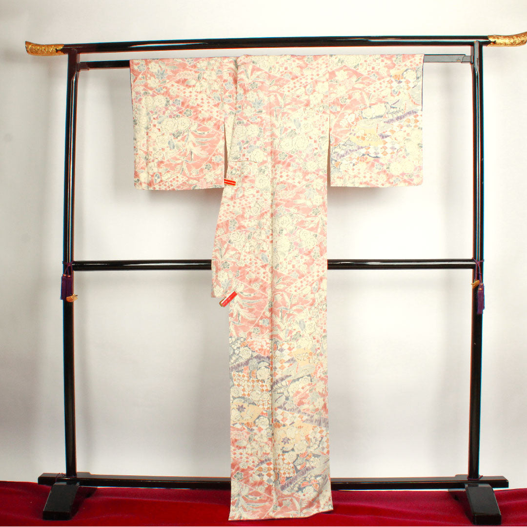 小紋 身丈164cm 裄丈64cm 袷  宍色 辻ヶ花  正絹 Sランク ピンク系 1115002272413