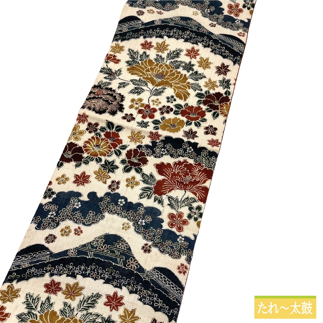 名古屋帯 正絹 Ｓランク 開き仕立て 練色（ねりいろ） 型染 草花模様 花柄 帯丈372cm 全通 カジュアル クリーム系 1124012172315