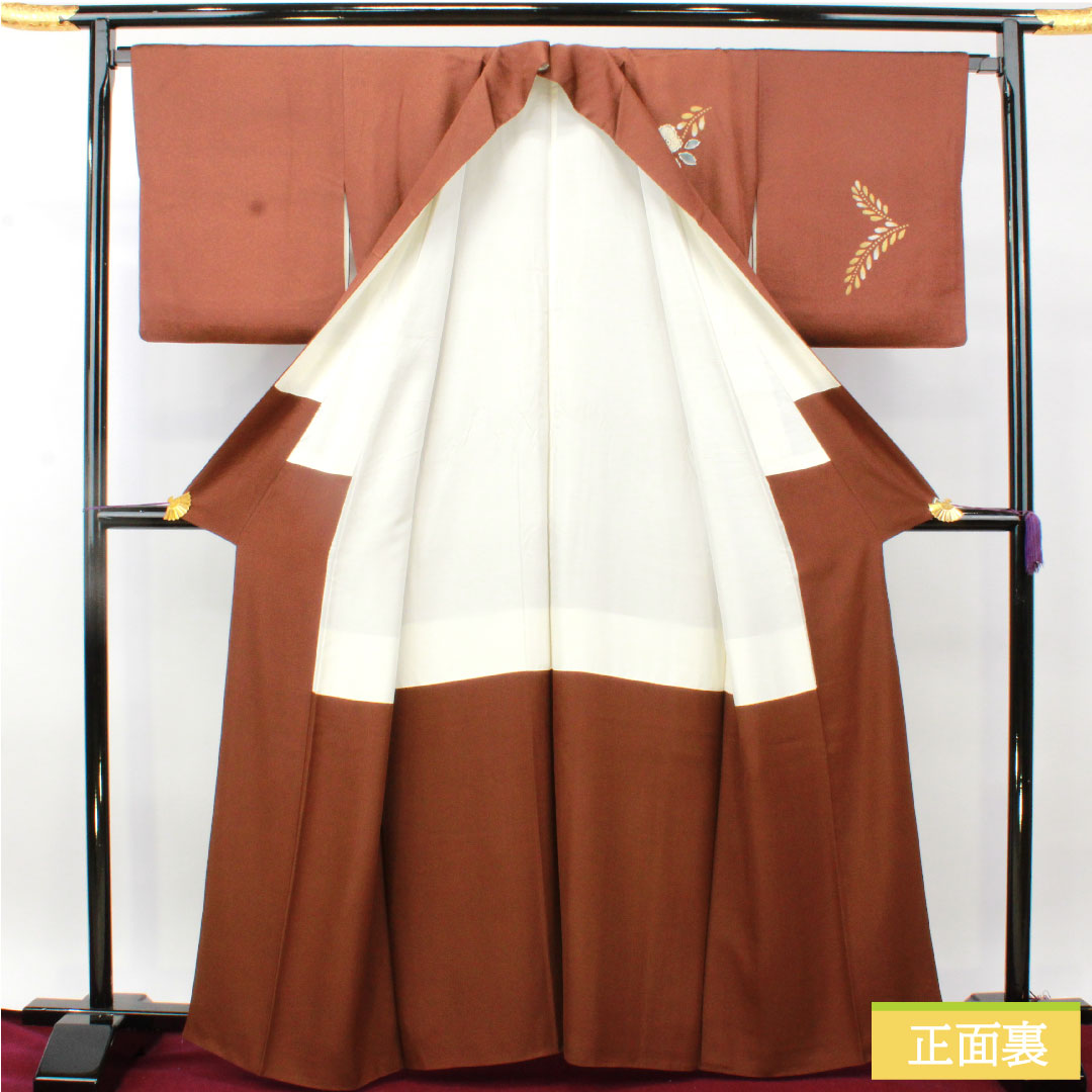 Homongi, pure silk, lined, length 163.5cm, sleeve length 68cm, chestnut color, Tsujigahana, one crest, Nakainkenkatabami, A rank, brown, 1112004913414