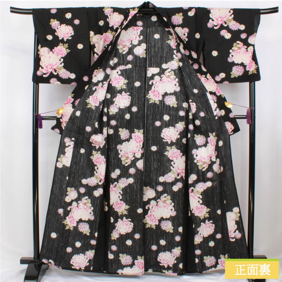 Cotton Yukata, Length 164cm, Sleeve Length 69.5cm, S Rank, Single Layer, Black, Chrysanthemum Design, 1118006282410