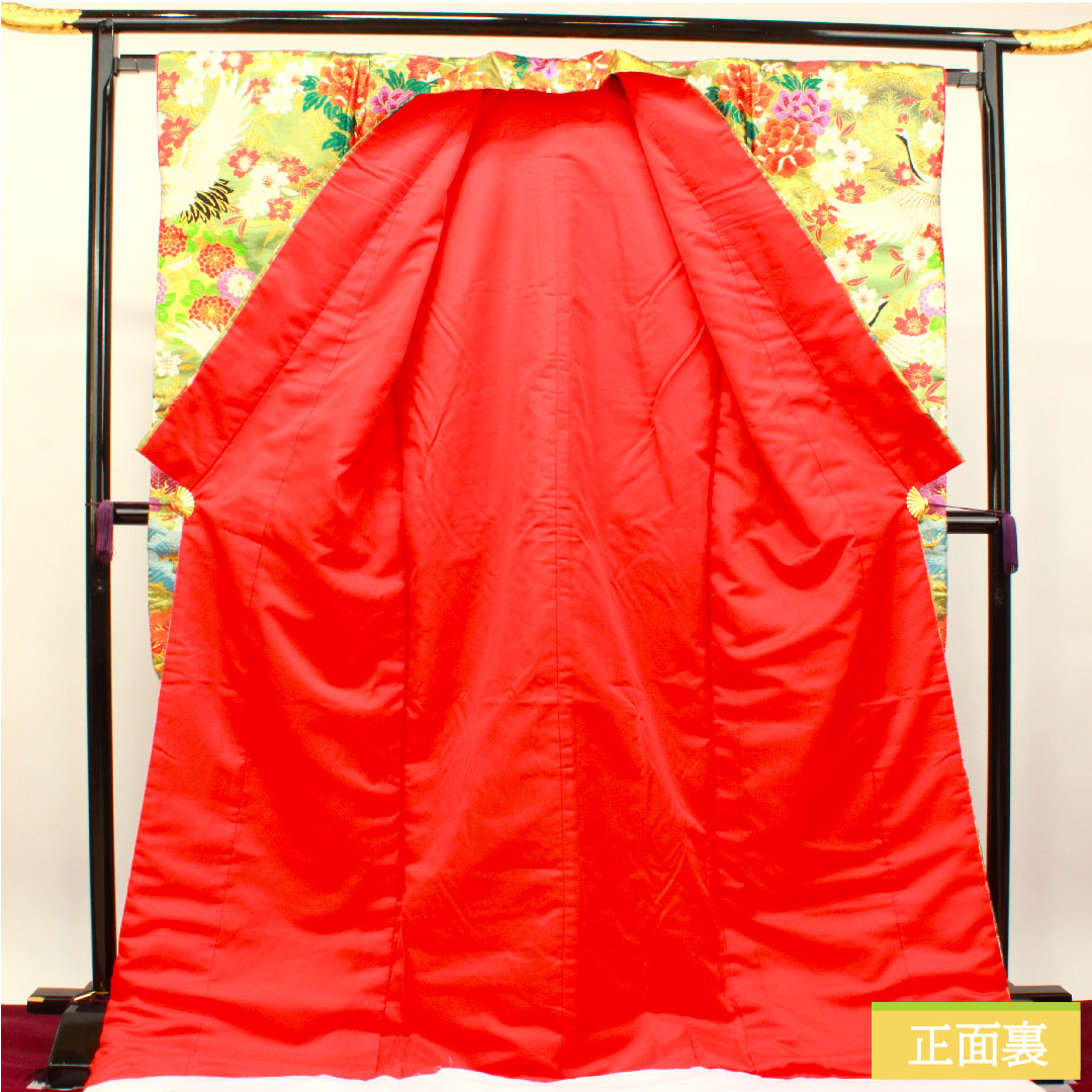 色打掛 正絹 身丈194cm 裄丈66cm  唐織 松 鶴 Sランク 袷 緑系 1110000702919