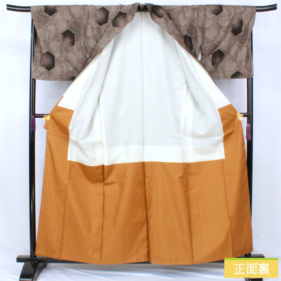 Tsumugi Silk S Rank, Length 160cm, Sleeve-to-sleeve 69.5cm, Fushi-iro (brownish gray), Oshima Tsumugi, Ichigen-gasuri, 7-mark, Awase, Brown tones, 1116004862414
