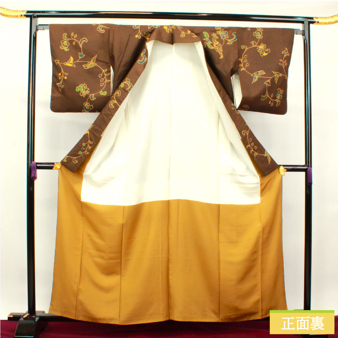 小紋 正絹 身丈162cm 裄丈64.5cm 袷  落栗色 更紗模様  Aランク 茶系 1115003863414