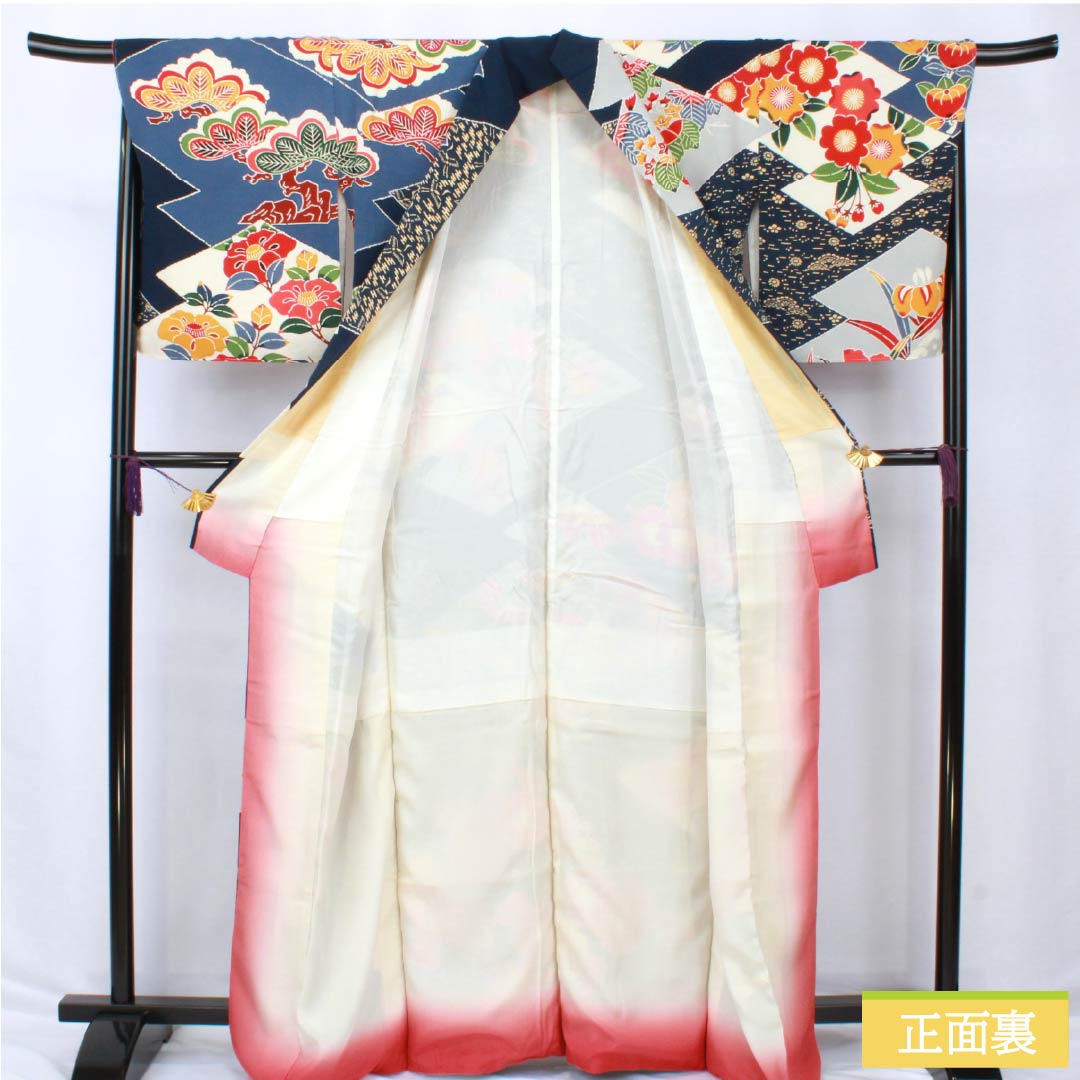訪問着 正絹 Aランク 袷 身丈164.5cm 裄丈68cm 紺色（こんいろ） 京紅型 栗山吉三郎 栗山公房 紺系 1112006443418