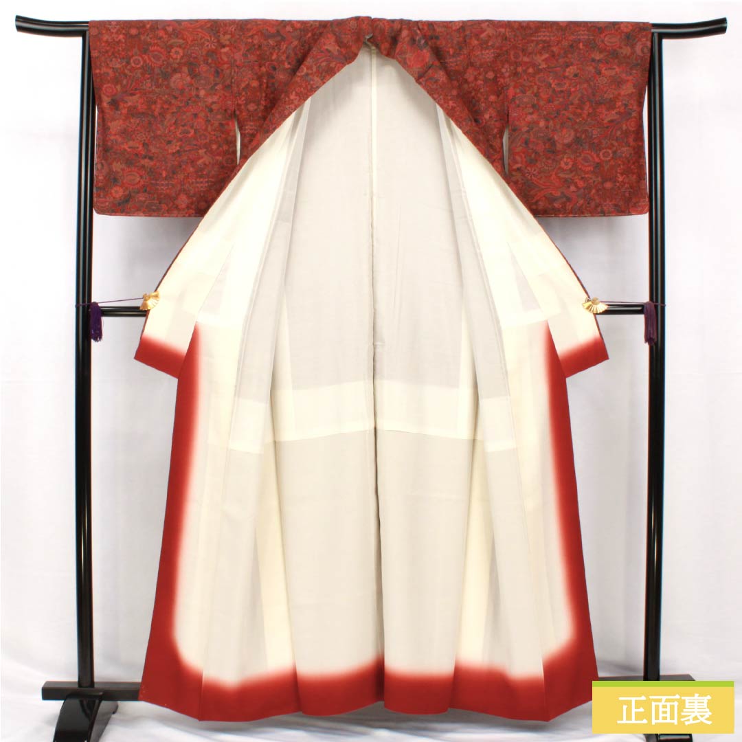 Komon, pure silk, length 159.5cm, sleeve length 64cm, lined, scarlet brown, stencil dyeing, chintz pattern, with basting thread, S rank, brown, 1115005012314