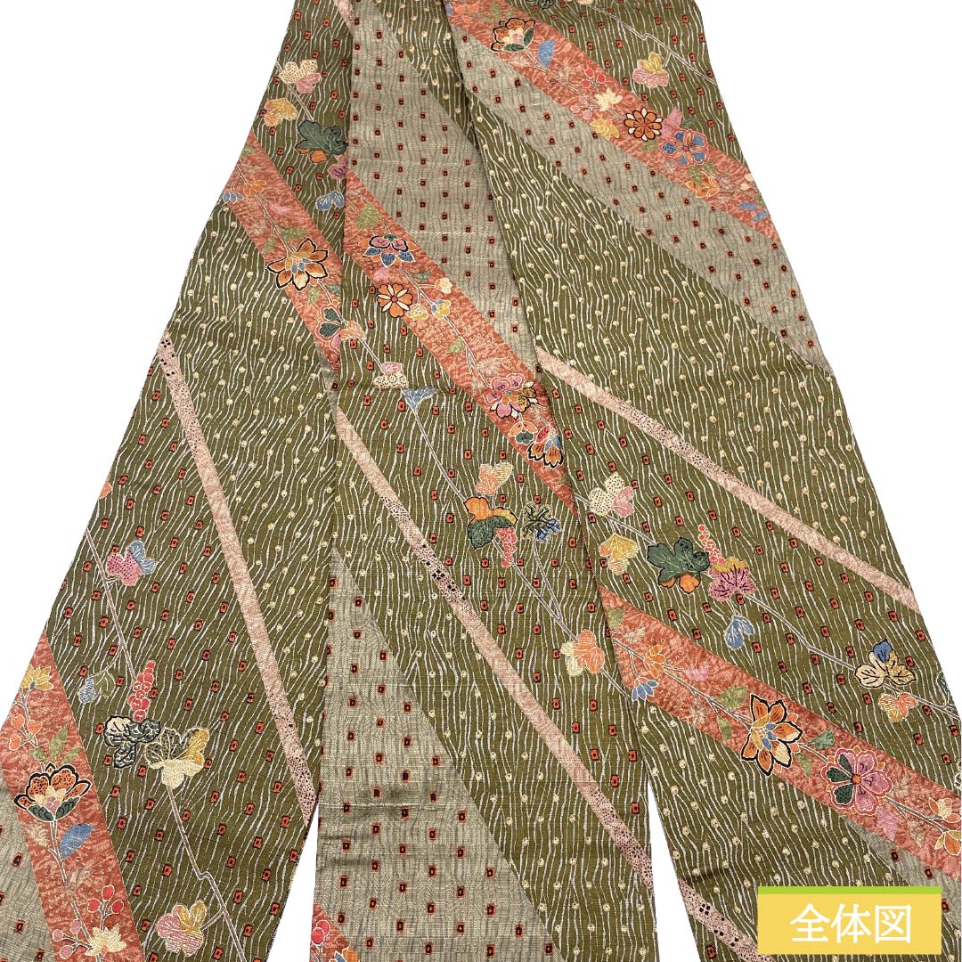 半幅帯 正絹 Sランク 煤色（すすいろ） 草木模様 植物模様 リバーシブル 帯丈410cm 茶系 1125002832414
