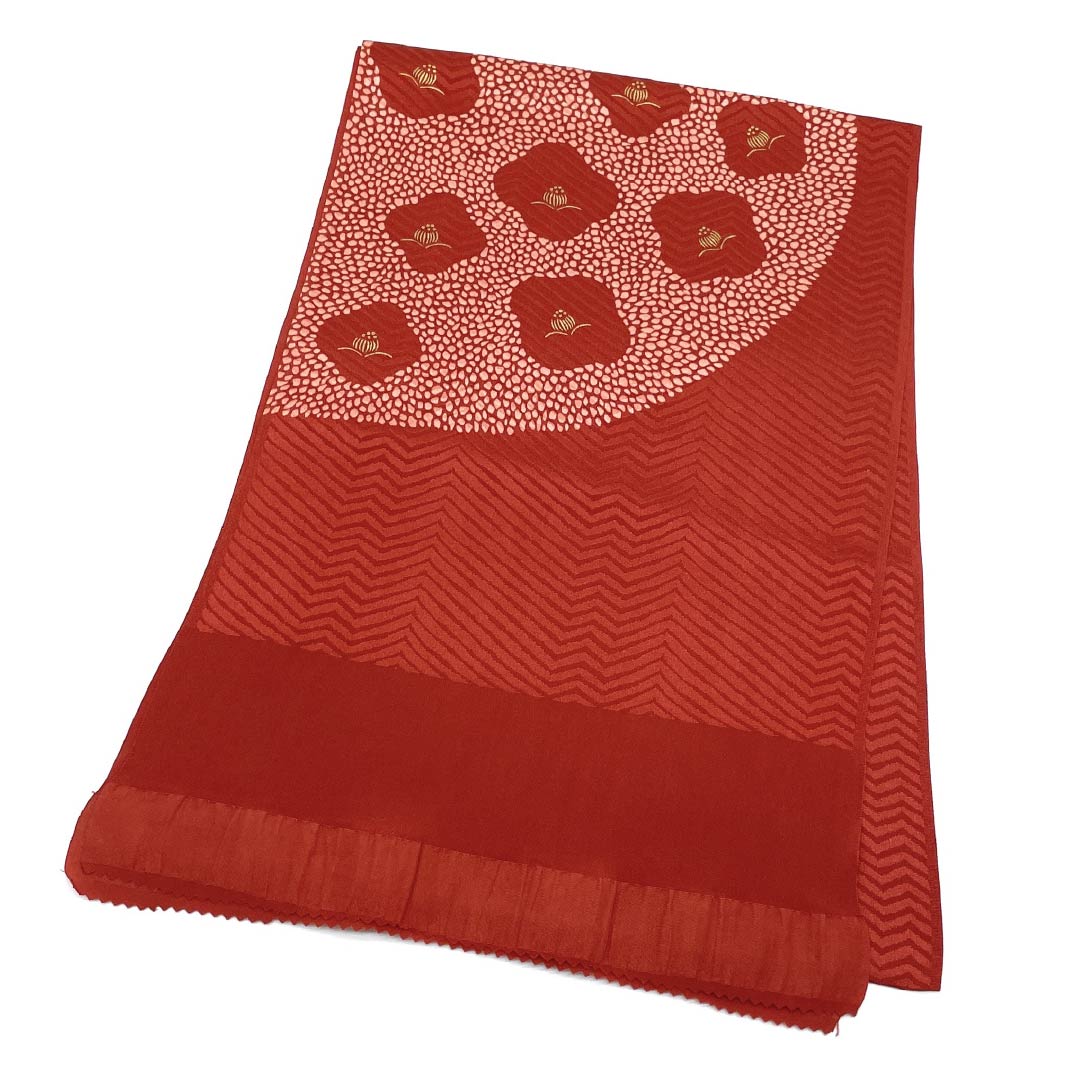 Obiage, pure silk, S rank, semi-formal, Jinzamomi-iro (a shade of red), Camellia design, length approx. 174cm, width approx. 29.5cm, reddish tones, 1136003022912
